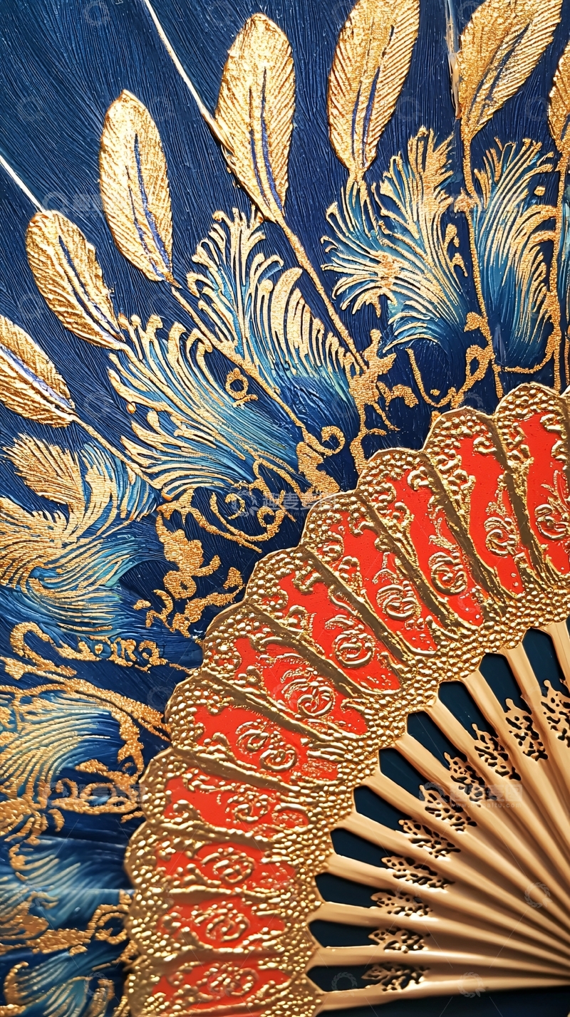 高清大图下载【趣麦麦图】蓝金色羽毛装饰折扇