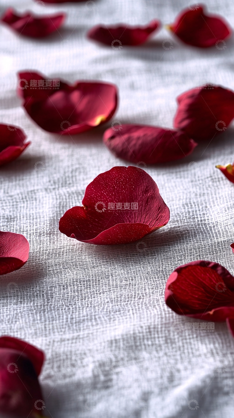 高清大图下载【趣麦麦图】红玫瑰花瓣散落在白色布料上