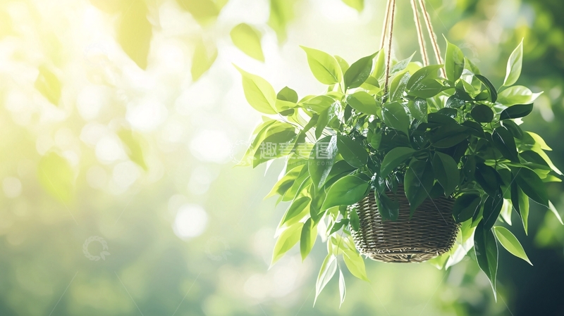 高清大图下载【趣麦麦图】阳光下悬挂的绿植盆栽