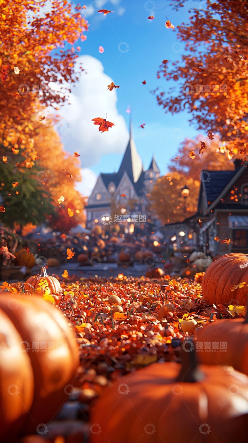 高清大图下载【趣麦麦图】秋日南瓜与枫叶小路