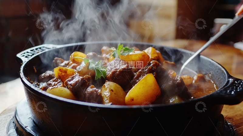高清大图下载【趣麦麦图】热气腾腾的牛肉土豆炖菜