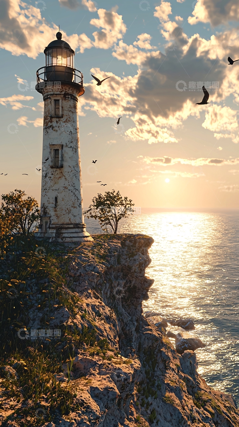 高清大图下载【趣麦麦图】傍晚海边孤独灯塔