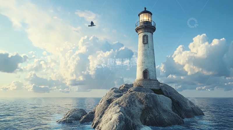 高清大图下载【趣麦麦图】海边岩石上的白色灯塔