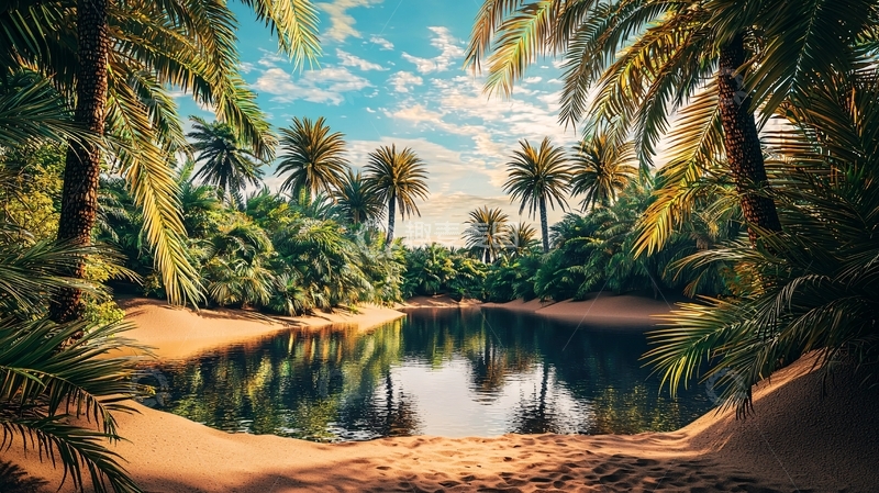 高清大图下载【趣麦麦图】热带棕榈树环绕的绿洲