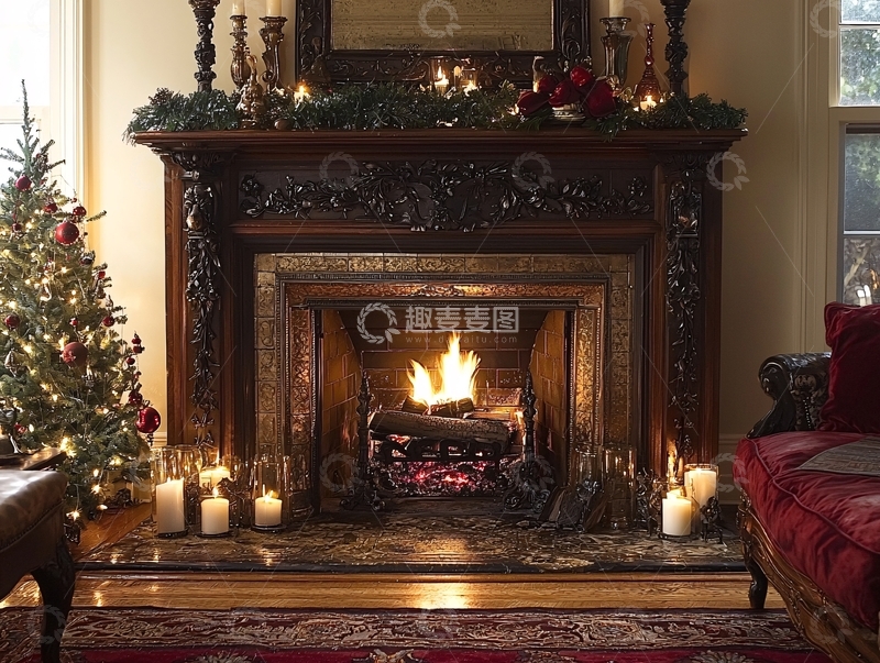 高清大图下载【趣麦麦图】温馨圣诞节壁炉场景