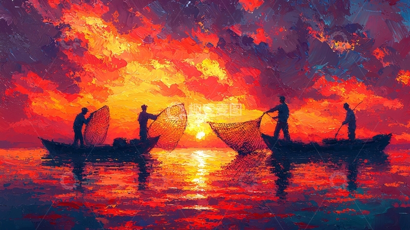 高清大图下载【趣麦麦图】日落渔船