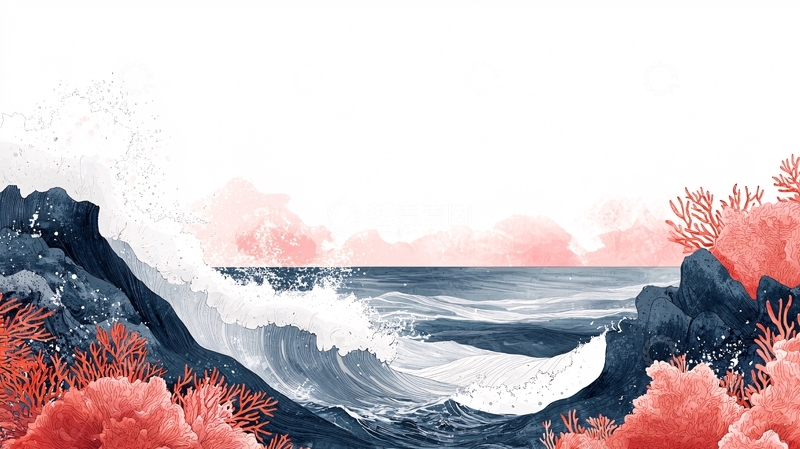 高清大图下载【趣麦麦图】海浪拍打礁石的唯美插画