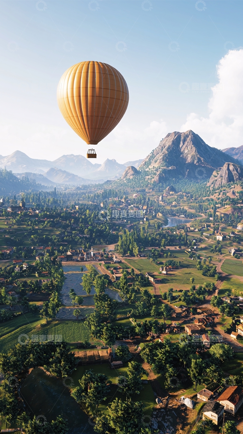 高清大图下载【趣麦麦图】热气球空中俯瞰乡村