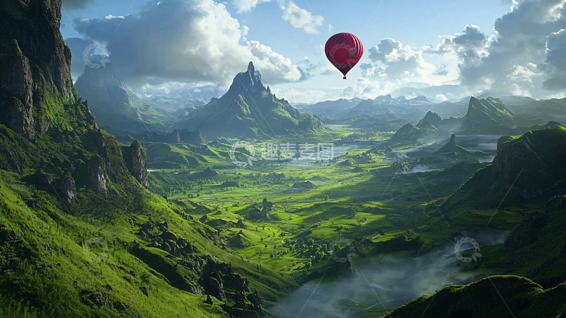 高清大图下载【趣麦麦图】热气球飞跃山谷