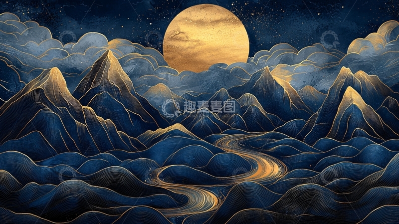 高清大图下载【趣麦麦图】金色月亮下的群山
