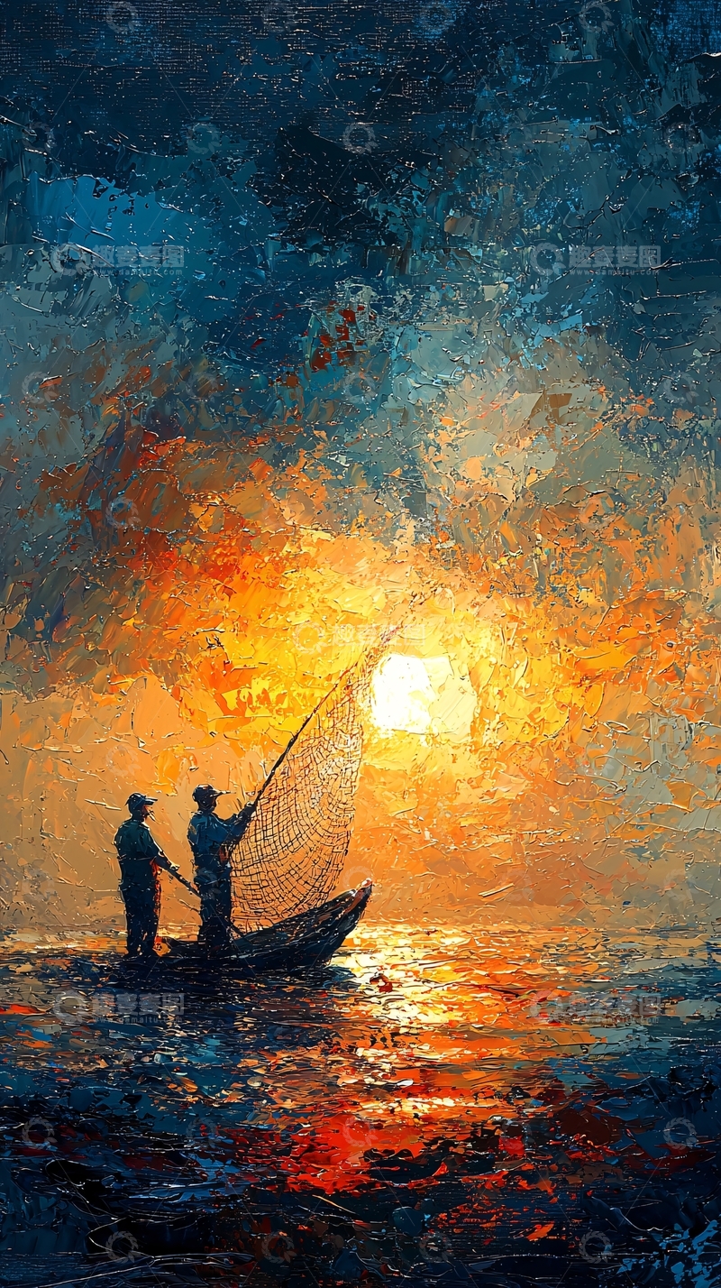 高清大图下载【趣麦麦图】日落捕鱼