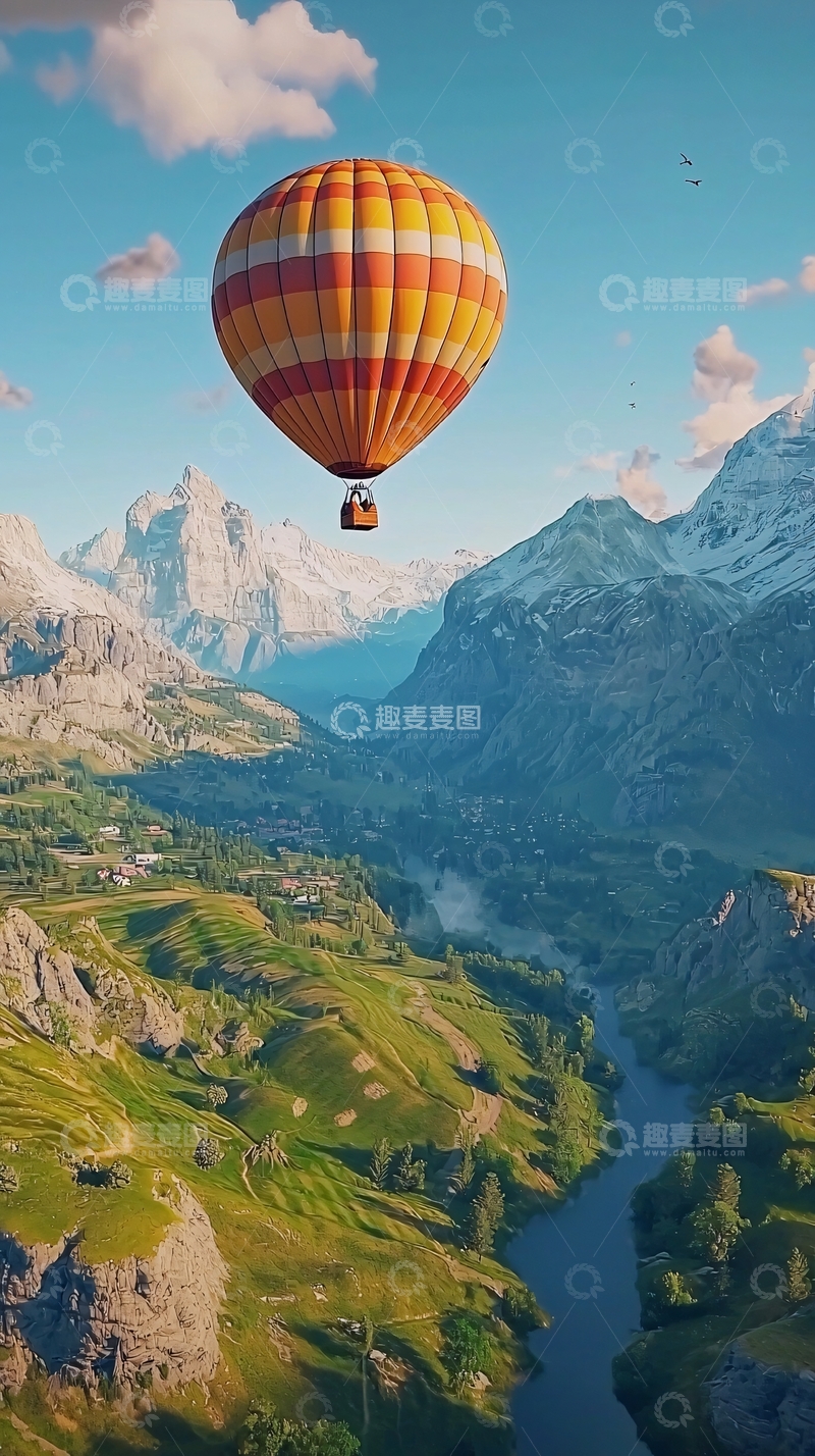 高清大图下载【趣麦麦图】热气球飞越雪山峡谷