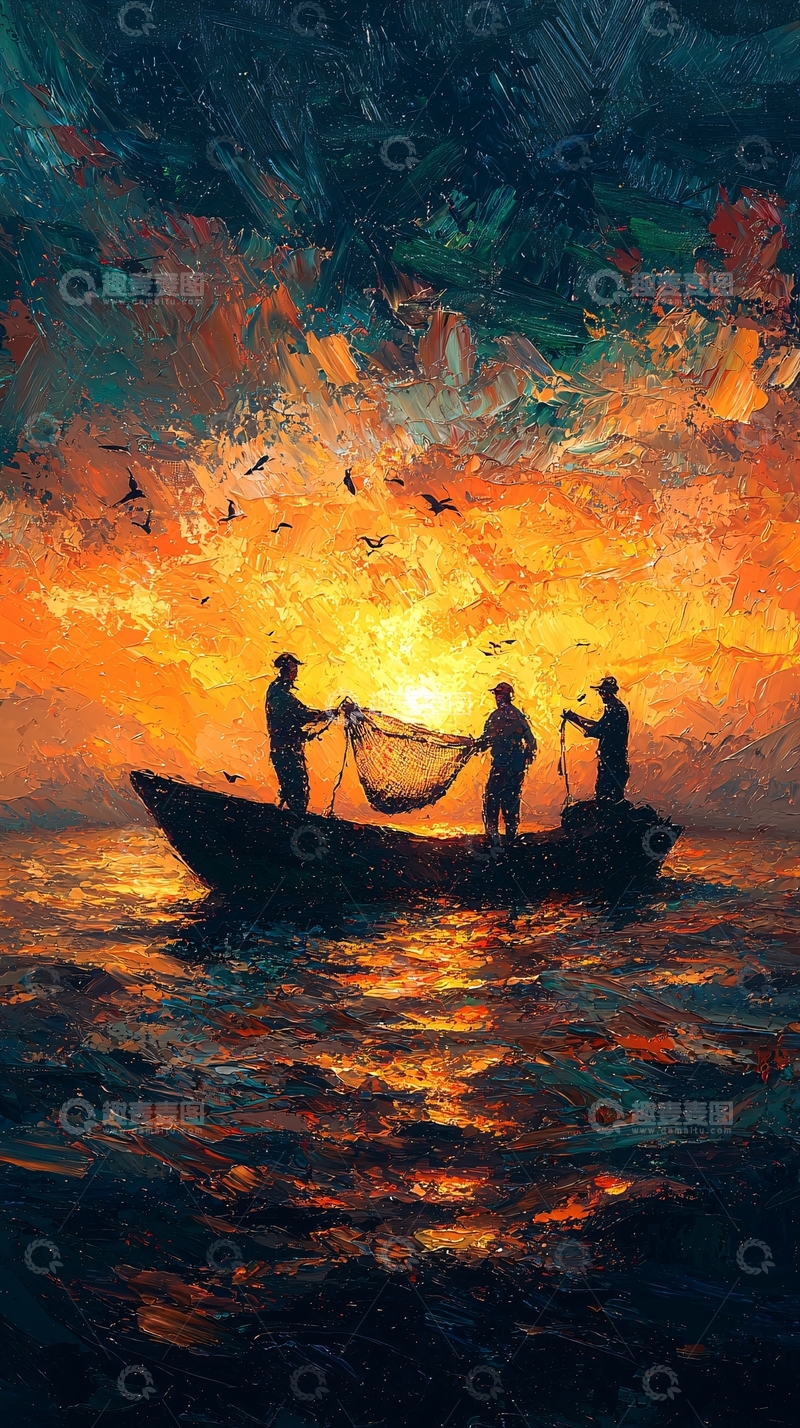 高清大图下载【趣麦麦图】日落渔船