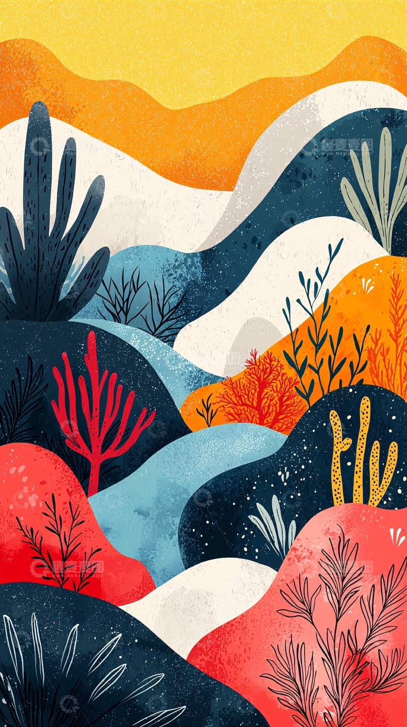 高清大图下载【趣麦麦图】卡通风格的彩色山丘风景