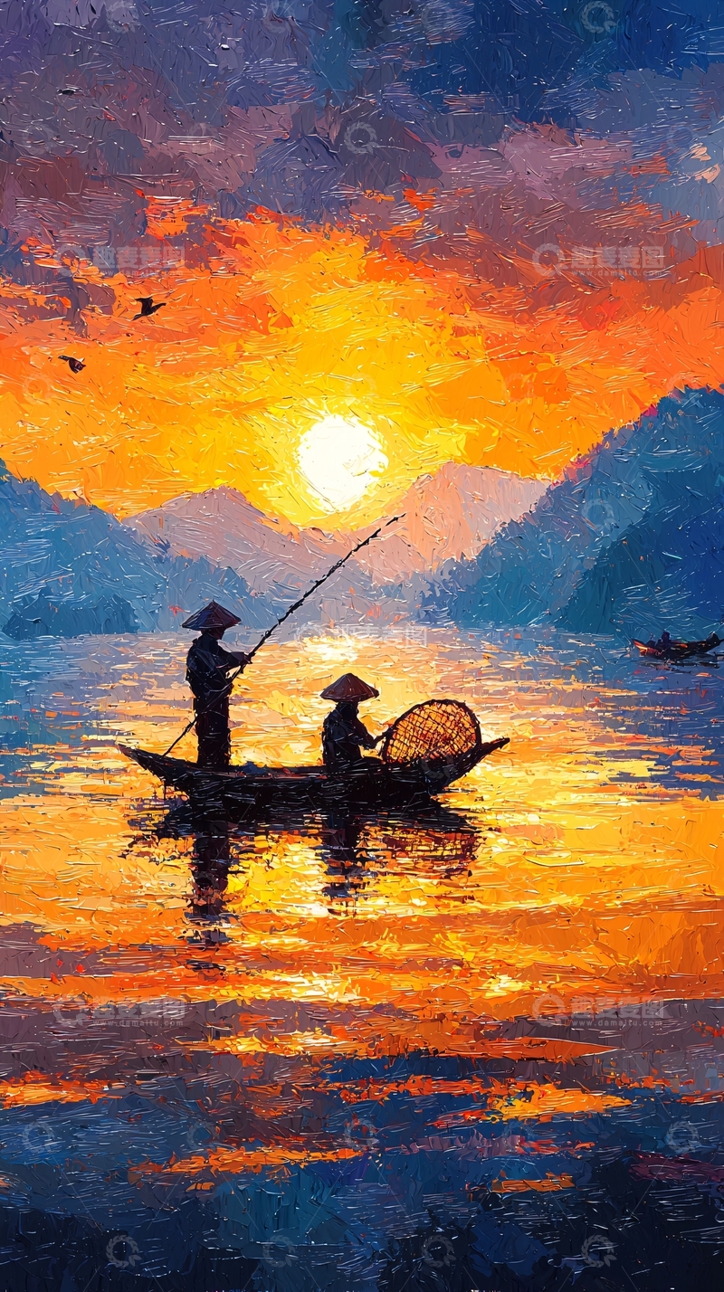 高清大图下载【趣麦麦图】夕阳下的渔舟唱晚