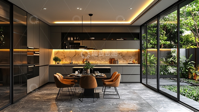 高清大图下载【趣麦麦图】现代轻奢开放式厨房餐厅
