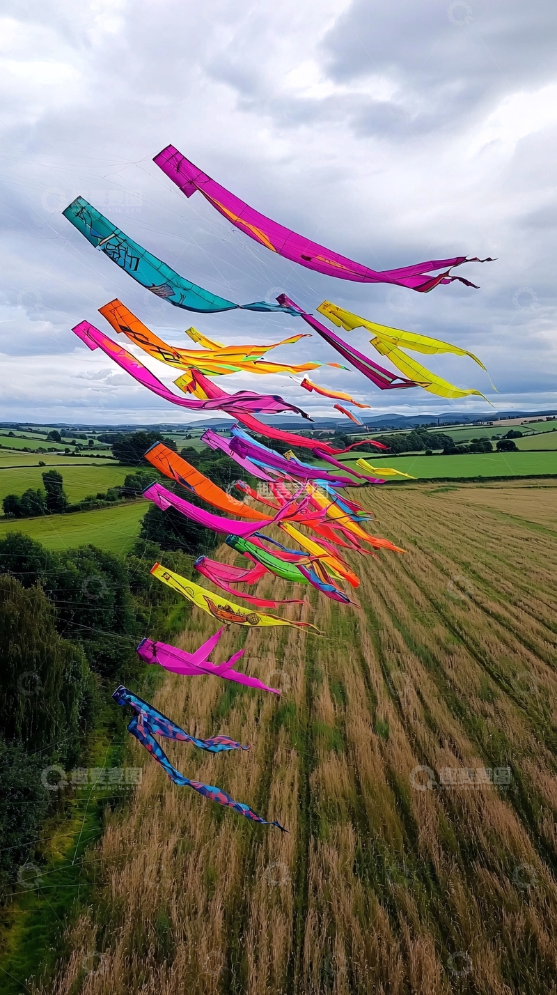 高清大图下载【趣麦麦图】彩色风筝田野上空飞舞