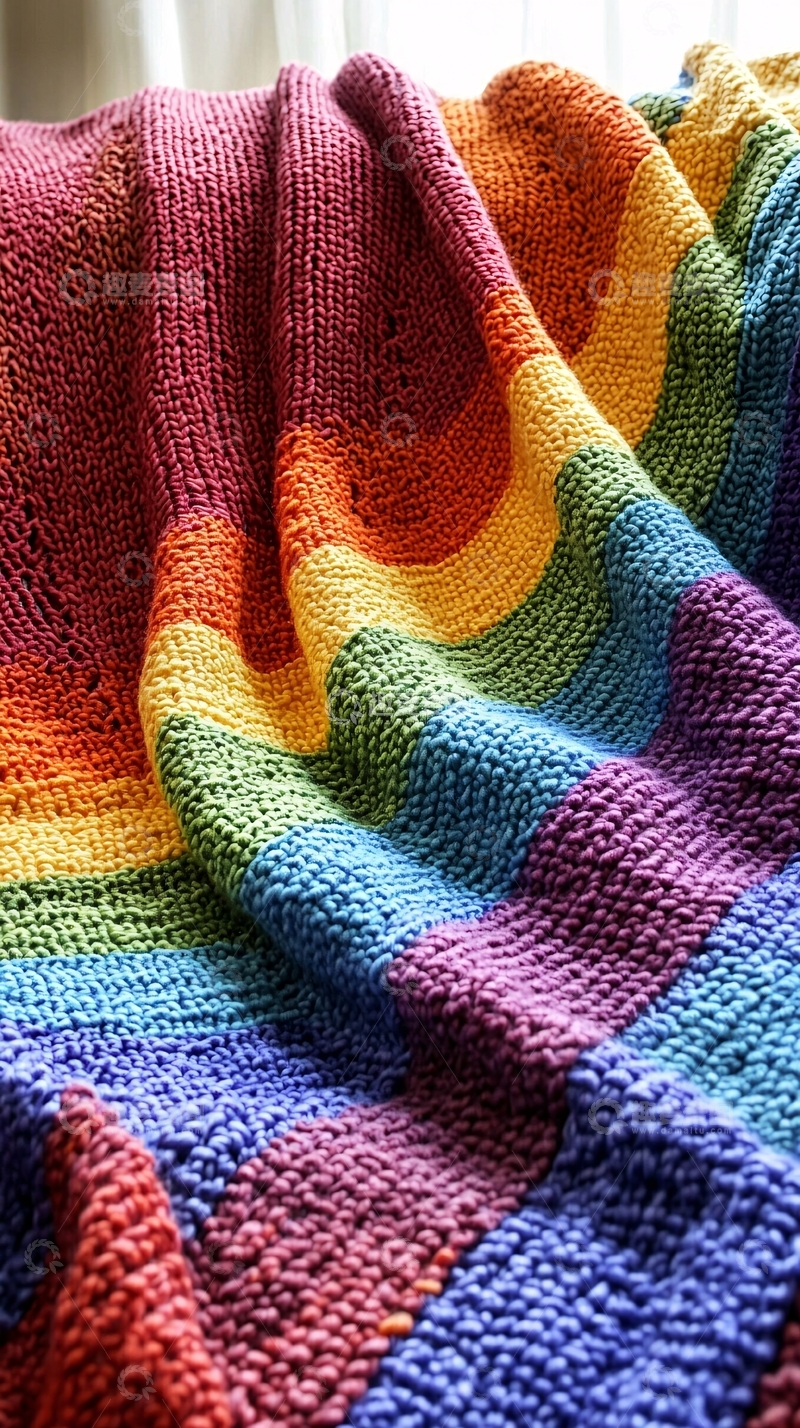 高清大图下载【趣麦麦图】彩虹条纹毛线毯