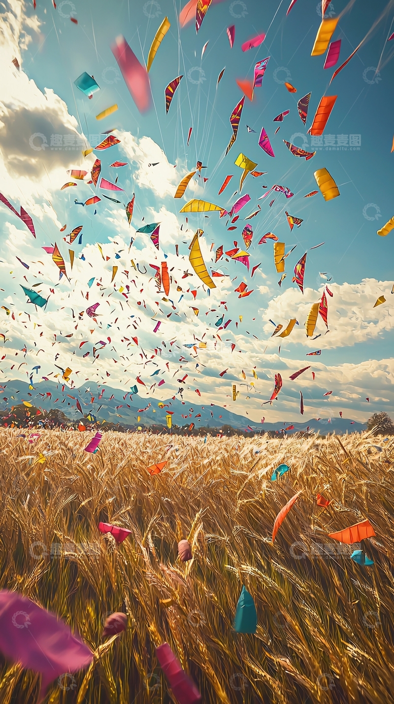 高清大图下载【趣麦麦图】彩色旗帜飞舞麦田