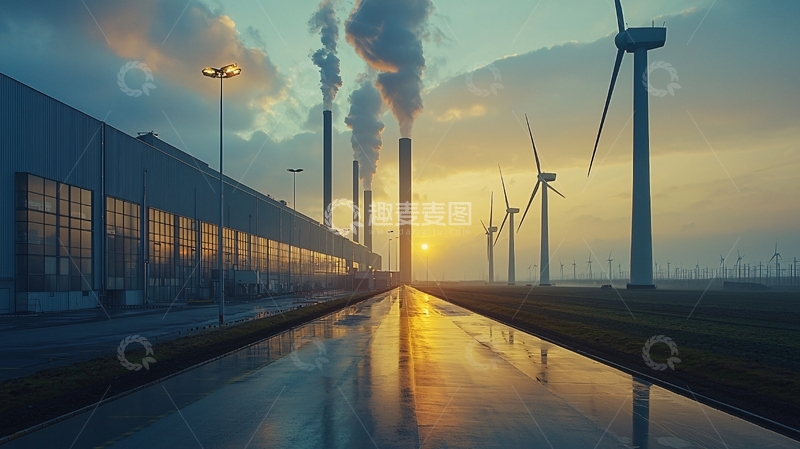 高清大图下载【趣麦麦图】工业建筑风力发电日落景象