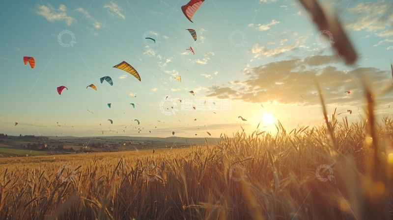 高清大图下载【趣麦麦图】夕阳下麦田风筝飞舞