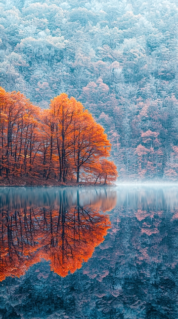 秋日湖边红枫倒影