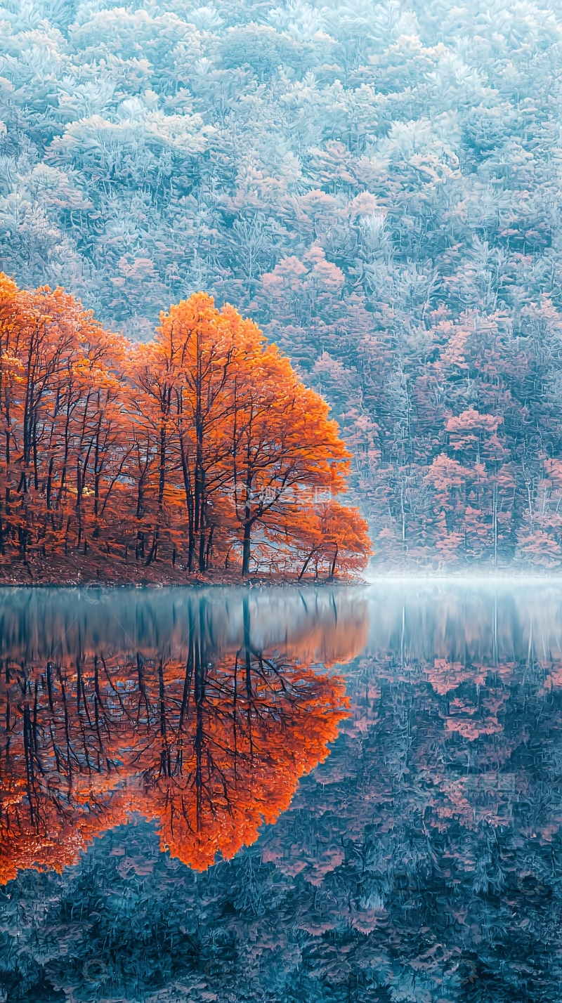 高清大图下载【趣麦麦图】秋日湖边红枫倒影