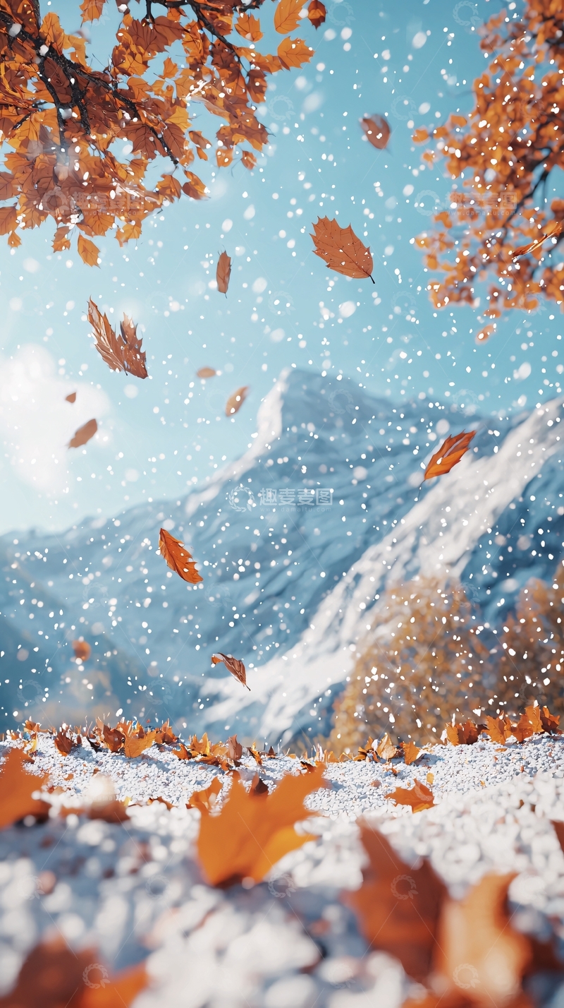 高清大图下载【趣麦麦图】秋叶纷飞雪山景色