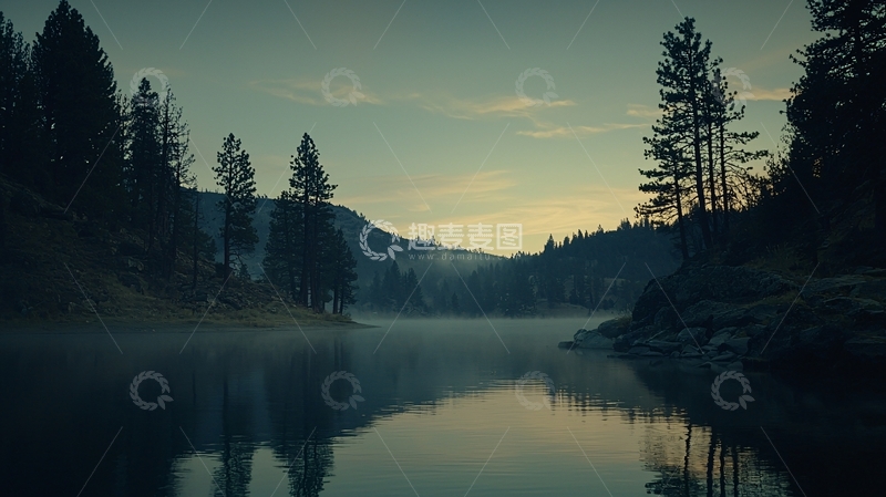 高清大图下载【趣麦麦图】静谧湖泊森林日出景色