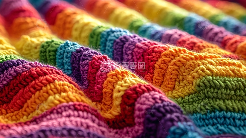 高清大图下载【趣麦麦图】彩虹条纹钩针编织毯