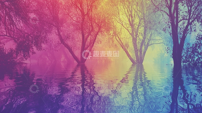 高清大图下载【趣麦麦图】梦幻彩虹森林倒影