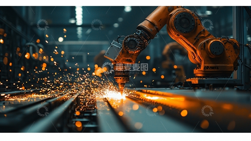 高清大图下载【趣麦麦图】工业机械臂切割金属