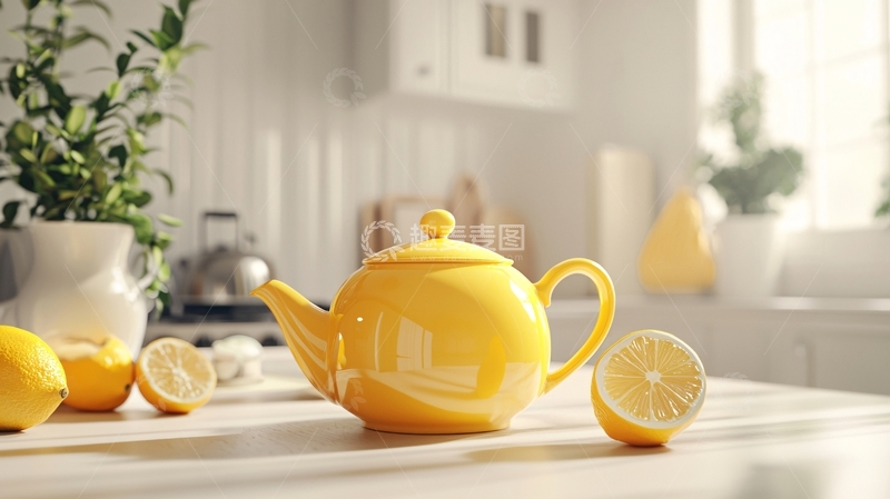 高清大图下载【趣麦麦图】明亮厨房黄陶瓷茶壶