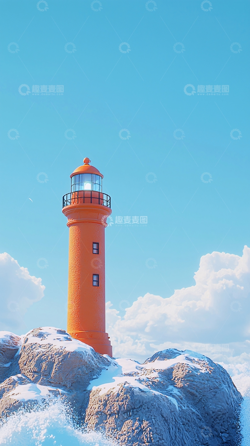 高清大图下载【趣麦麦图】蓝色天空下的橘色灯塔
