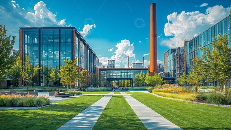 高清大图下载【趣麦麦图】现代建筑群绿地蓝天白云