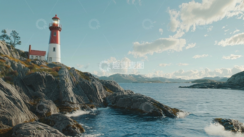 高清大图下载【趣麦麦图】红白相间灯塔海边礁石