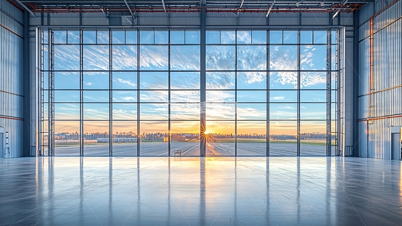 高清大图下载【趣麦麦图】机场机库里的日出景色