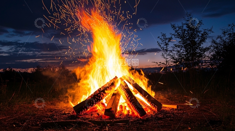 高清大图下载【趣麦麦图】夜幕下熊熊燃烧的篝火