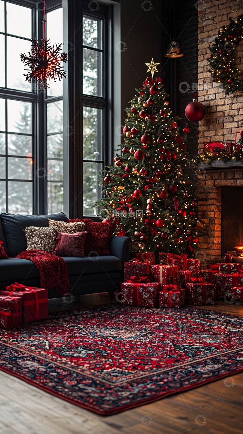 高清大图下载【趣麦麦图】暗色系圣诞节客厅装饰