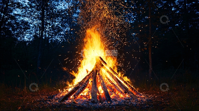 高清大图下载【趣麦麦图】夜色森林中熊熊燃烧的篝火
