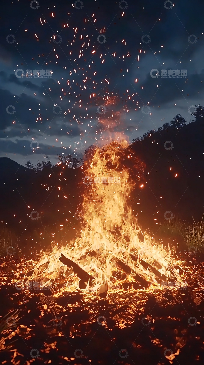 高清大图下载【趣麦麦图】夜晚篝火燃烧的景象