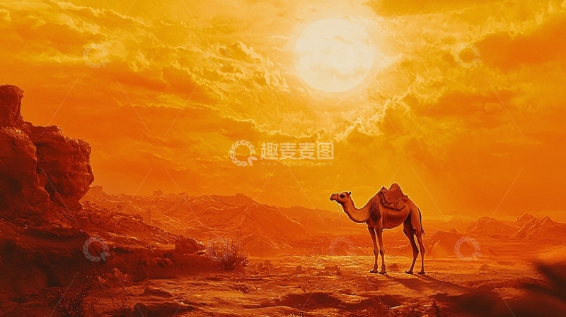 高清大图下载【趣麦麦图】沙漠骆驼日落