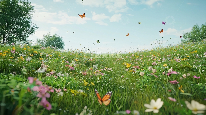 蝴蝶飞舞的春天草地