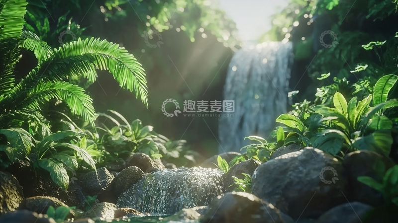 高清大图下载【趣麦麦图】阳光透过树林瀑布