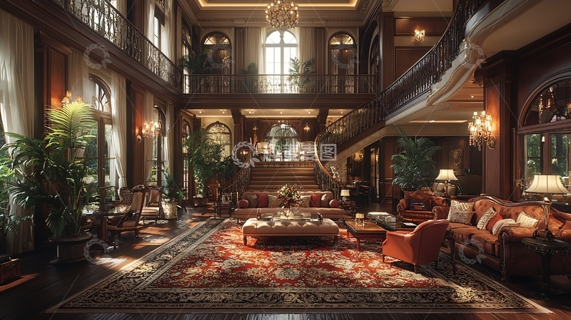 高清大图下载【趣麦麦图】奢华欧式双层挑高客厅