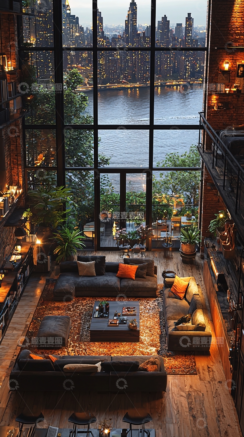 高清大图下载【趣麦麦图】夜景都市景观落地窗豪宅客厅