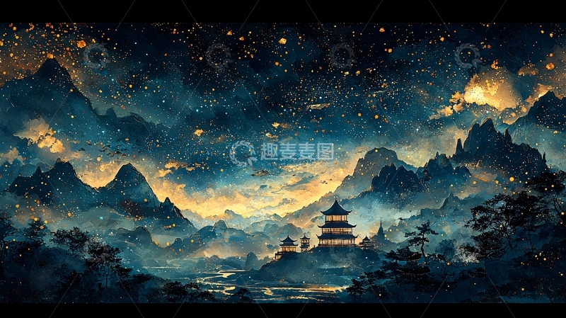 高清大图下载【趣麦麦图】璀璨星空下的中国山水画