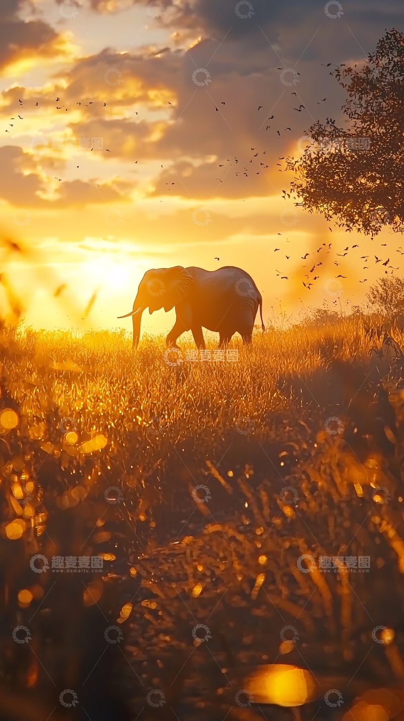 高清大图下载【趣麦麦图】夕阳下的大象剪影