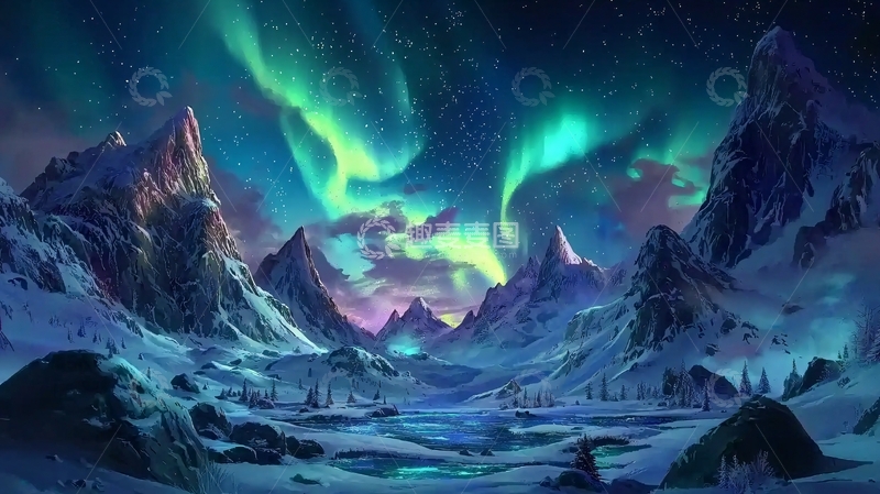 高清大图下载【趣麦麦图】极光雪山梦幻景色