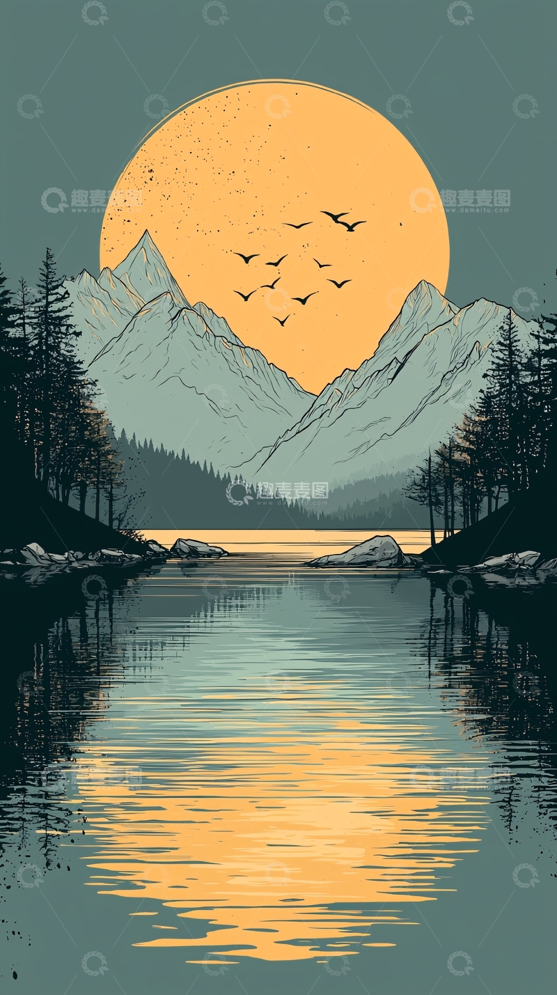 高清大图下载【趣麦麦图】日落山川湖泊倒影